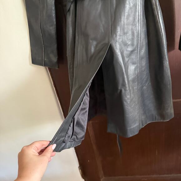 80s Vintage Emotion Dark Gray Leather Trench Coat with Belt | Small Retro - Picture 7 of 10